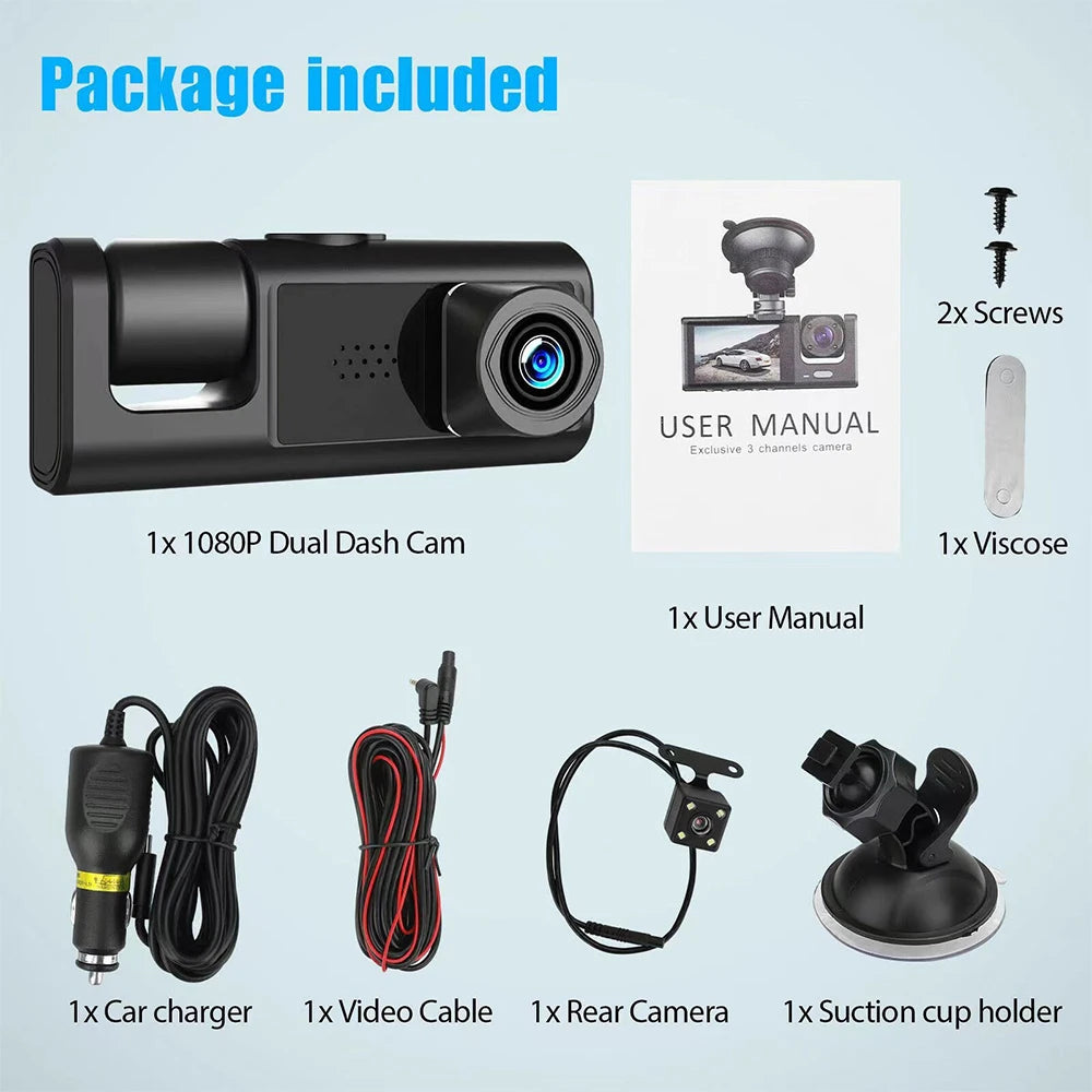 1080P Car Dash Cam With 32G Loop Recording Car DVR IPS Screen 3 Channel Cameras IR Night Vision Wide Angle Dashboard Recorder