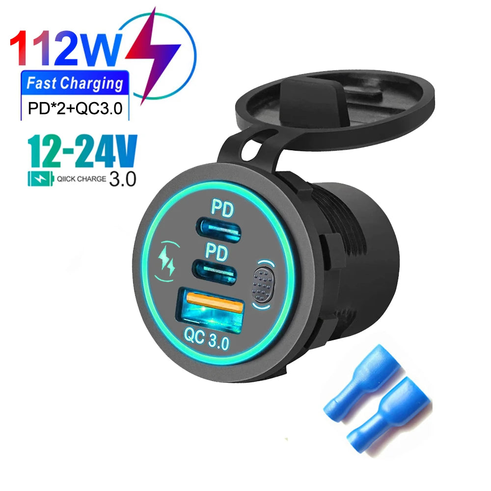 3 Ports Quick Charge 112W Car Charger for 12V 24V Vehicles