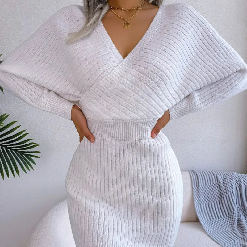 2024 Autumn/Winter Women's Sexy Cross V-neck Bat Skirt Bag Hip Dress Fashion Purple Long Sleeve Elegant Women's Woolen Dress