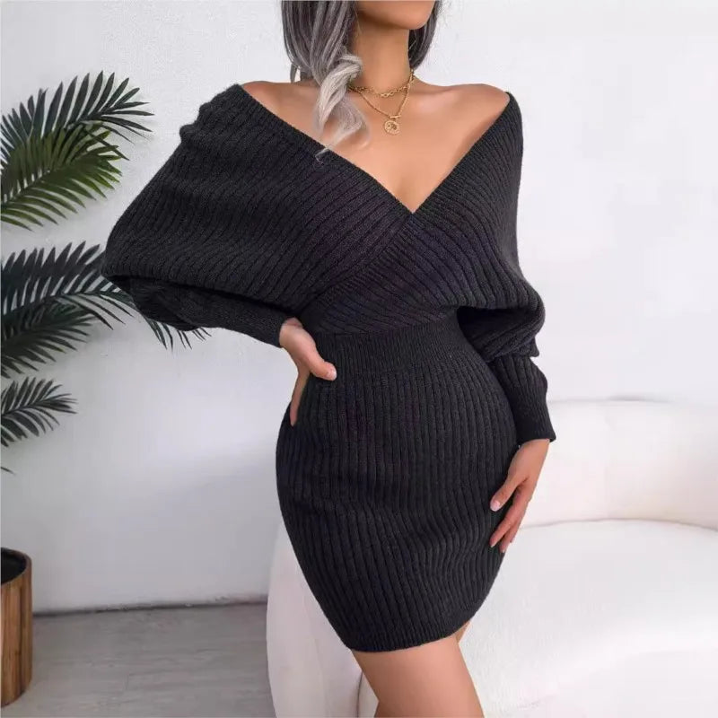 2024 Autumn/Winter Women's Sexy Cross V-neck Bat Skirt Bag Hip Dress Fashion Purple Long Sleeve Elegant Women's Woolen Dress