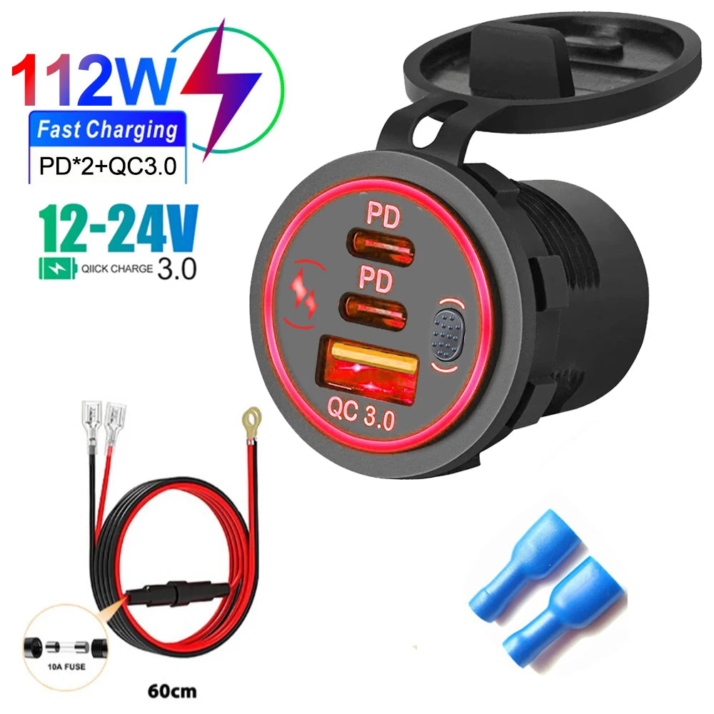 3 Ports Quick Charge 112W Car Charger for 12V 24V Vehicles