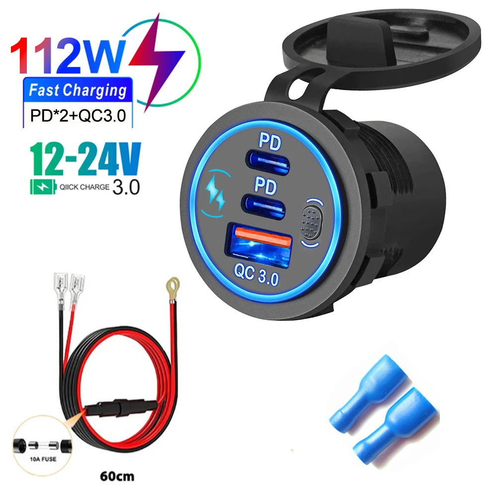 3 Ports Quick Charge 112W Car Charger for 12V 24V Vehicles