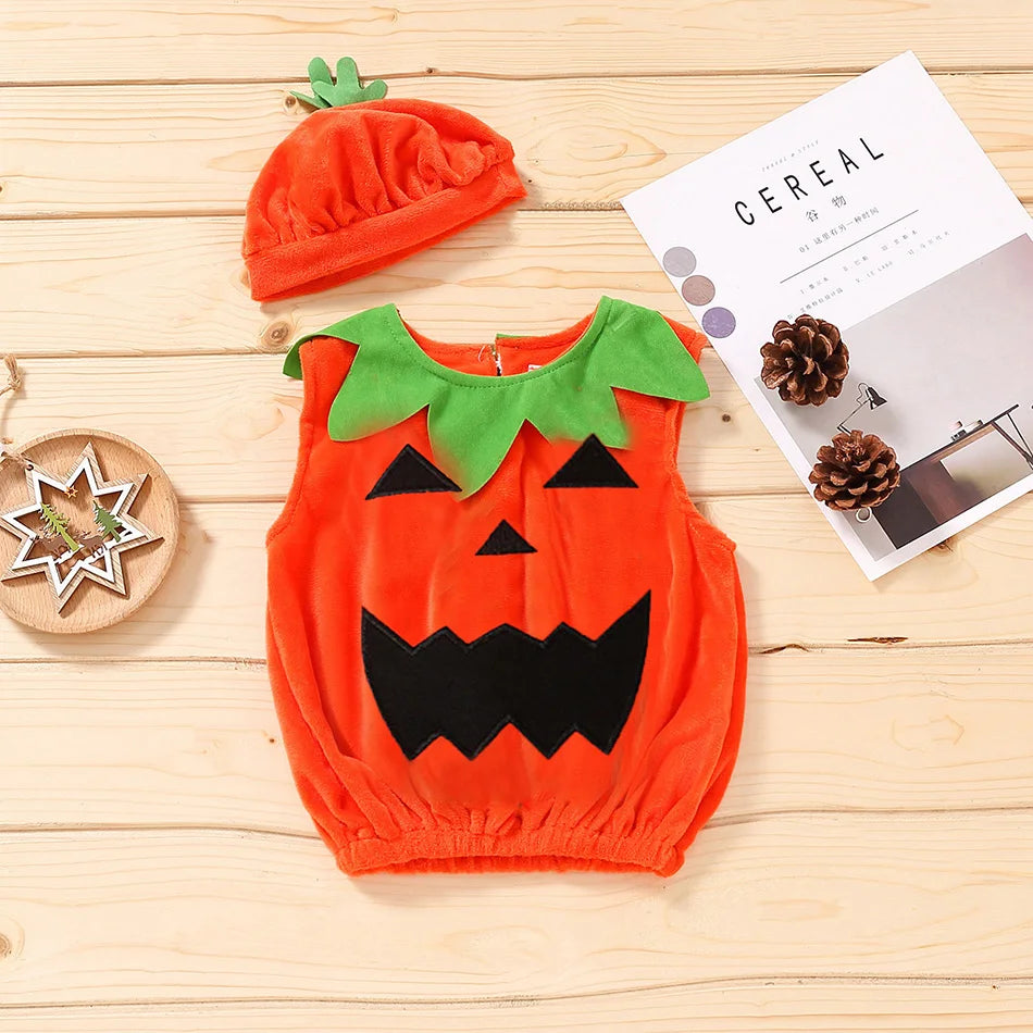 Baby Costume Kids Pumpkin Tops Romper with Hat Boys Girls Cosplay One-Piece Infant Casual Onesie Halloween Jumpsuit 0-5 Years