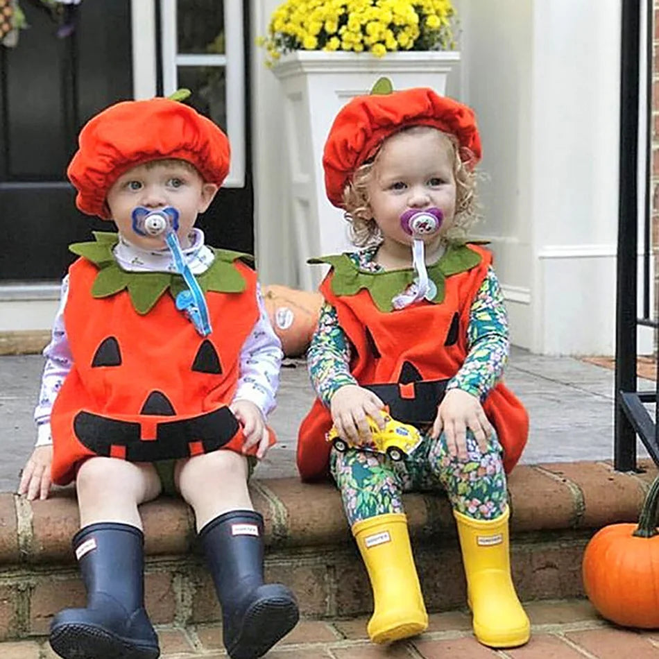 Baby Costume Kids Pumpkin Tops Romper with Hat Boys Girls Cosplay One-Piece Infant Casual Onesie Halloween Jumpsuit 0-5 Years