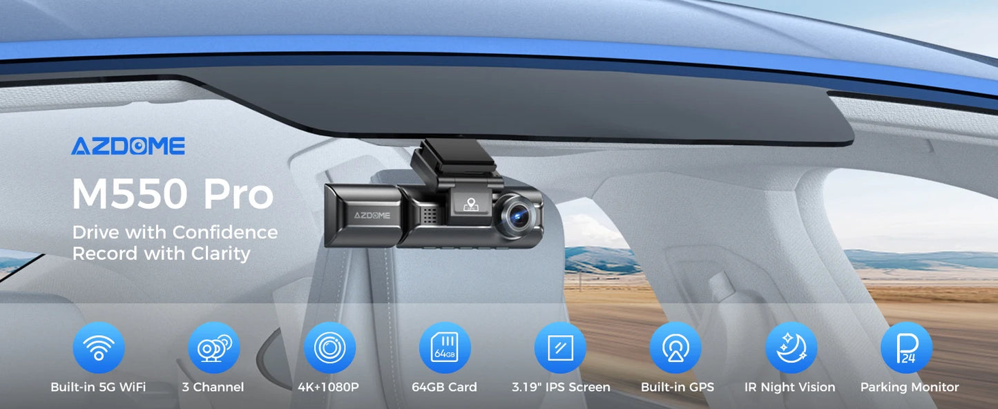 AZDOME 4K Dash Cam M550 Pro Built-in 5.8Ghz WiFi GPS Car DVR Upgrade AZDOME M550 Night Vision Parking Monitor Support Rear Cam