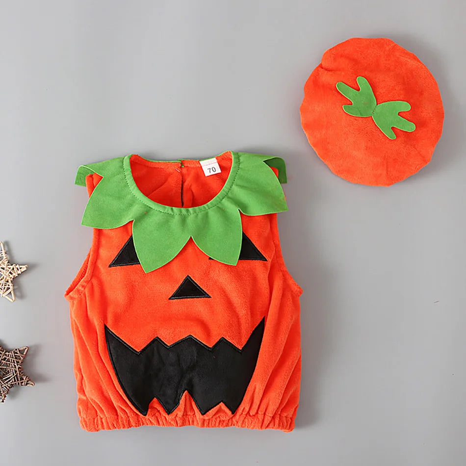 Baby Costume Kids Pumpkin Tops Romper with Hat Boys Girls Cosplay One-Piece Infant Casual Onesie Halloween Jumpsuit 0-5 Years