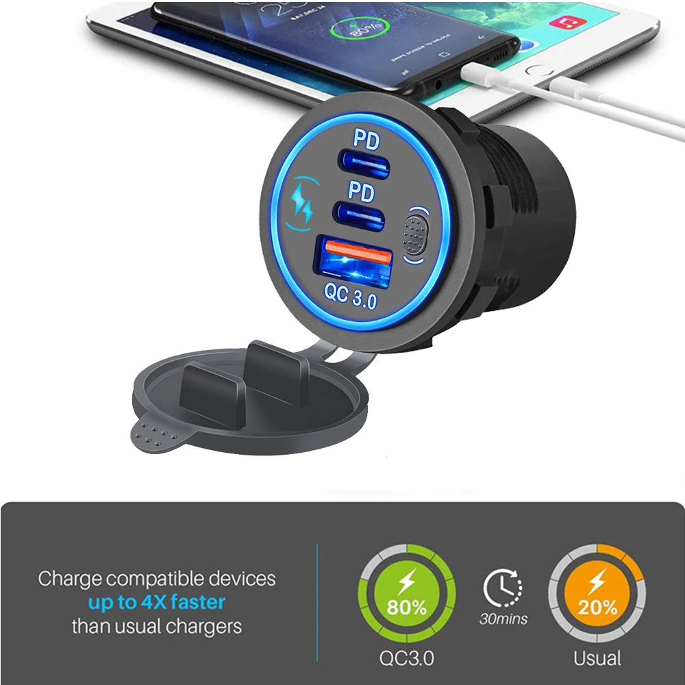 3 Ports Quick Charge 112W Car Charger for 12V 24V Vehicles