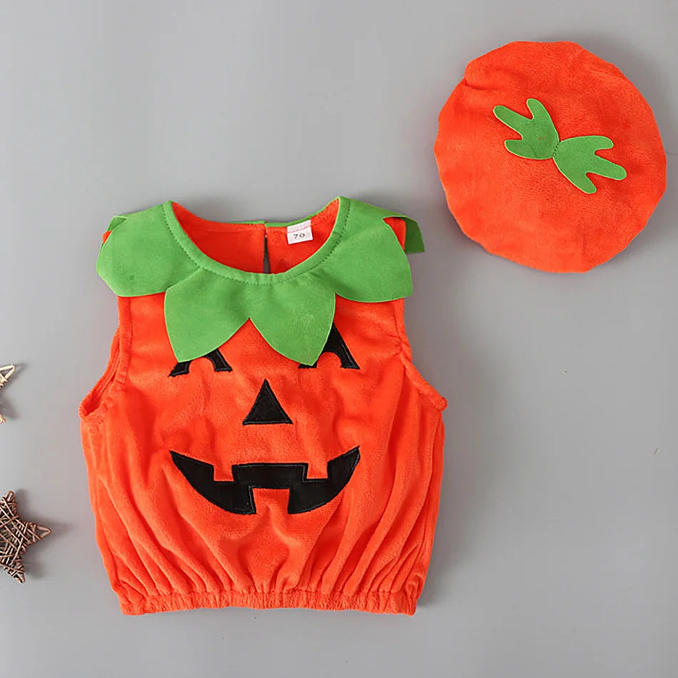 Baby Costume Kids Pumpkin Tops Romper with Hat Boys Girls Cosplay One-Piece Infant Casual Onesie Halloween Jumpsuit 0-5 Years