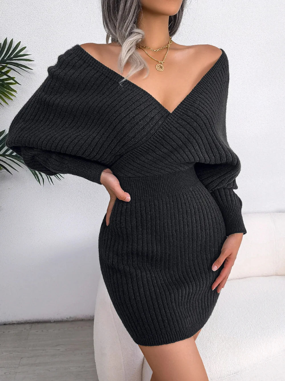2024 Autumn/Winter Women's Sexy Cross V-neck Bat Skirt Bag Hip Dress Fashion Purple Long Sleeve Elegant Women's Woolen Dress