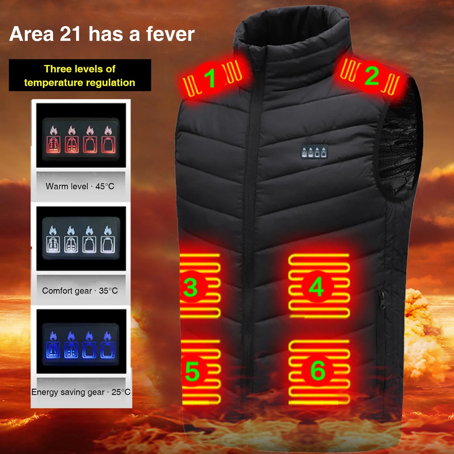 21 Area Heated Vest Thermal Warm Waistcoat Electric Heating Jacket (Black 4XL)