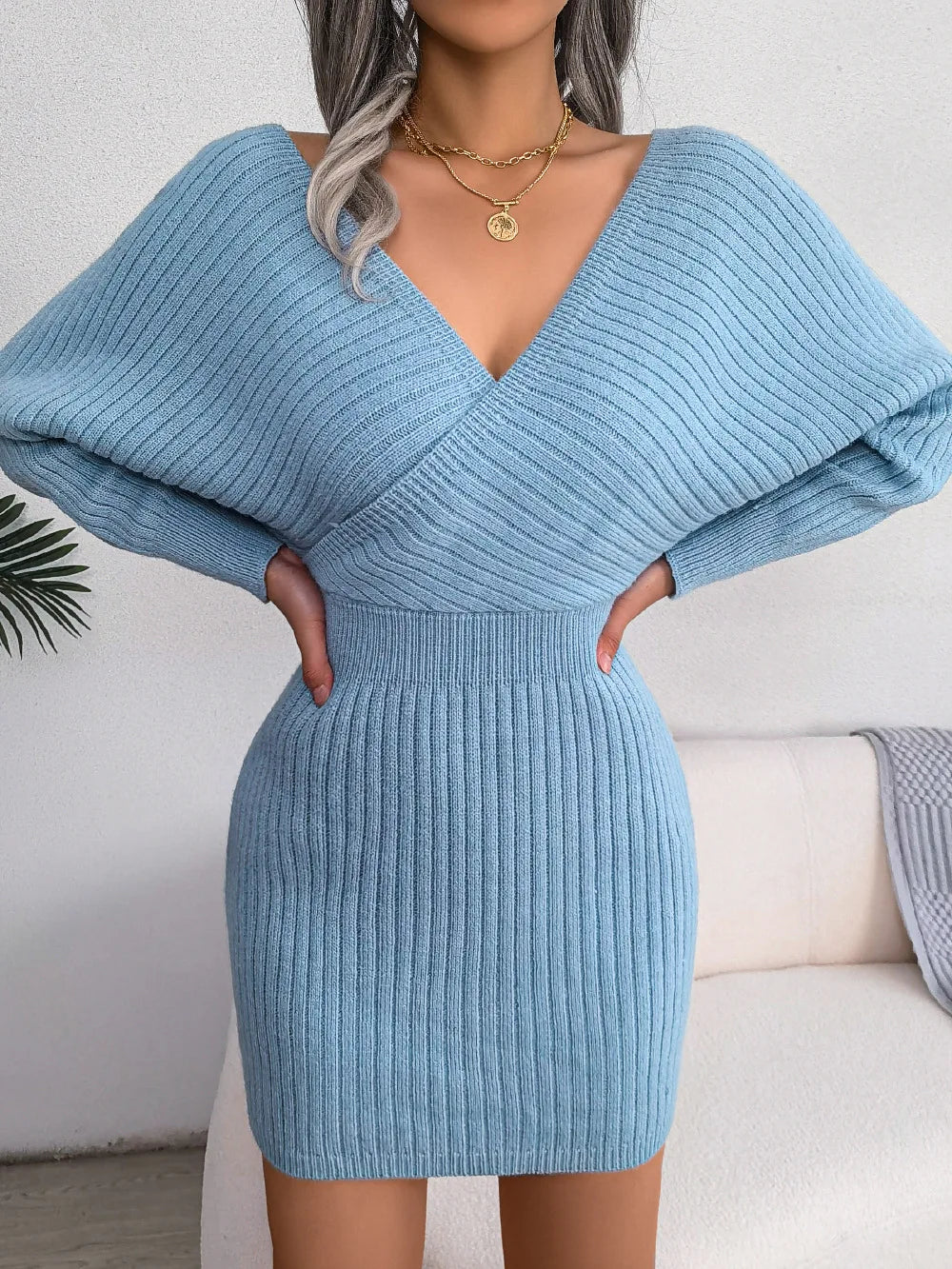2024 Autumn/Winter Women's Sexy Cross V-neck Bat Skirt Bag Hip Dress Fashion Purple Long Sleeve Elegant Women's Woolen Dress