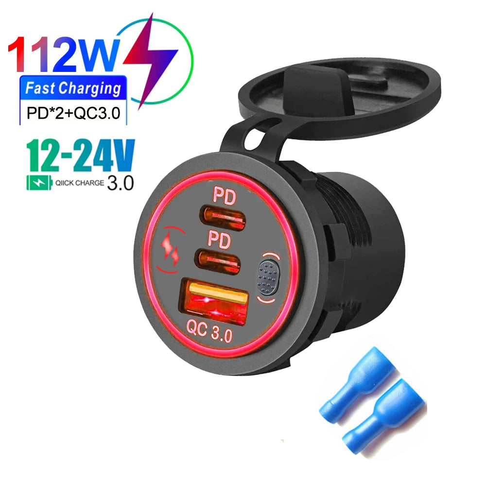 3 Ports Quick Charge 112W Car Charger for 12V 24V Vehicles
