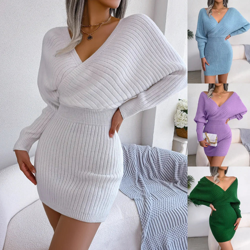 2024 Autumn/Winter Women's Sexy Cross V-neck Bat Skirt Bag Hip Dress Fashion Purple Long Sleeve Elegant Women's Woolen Dress