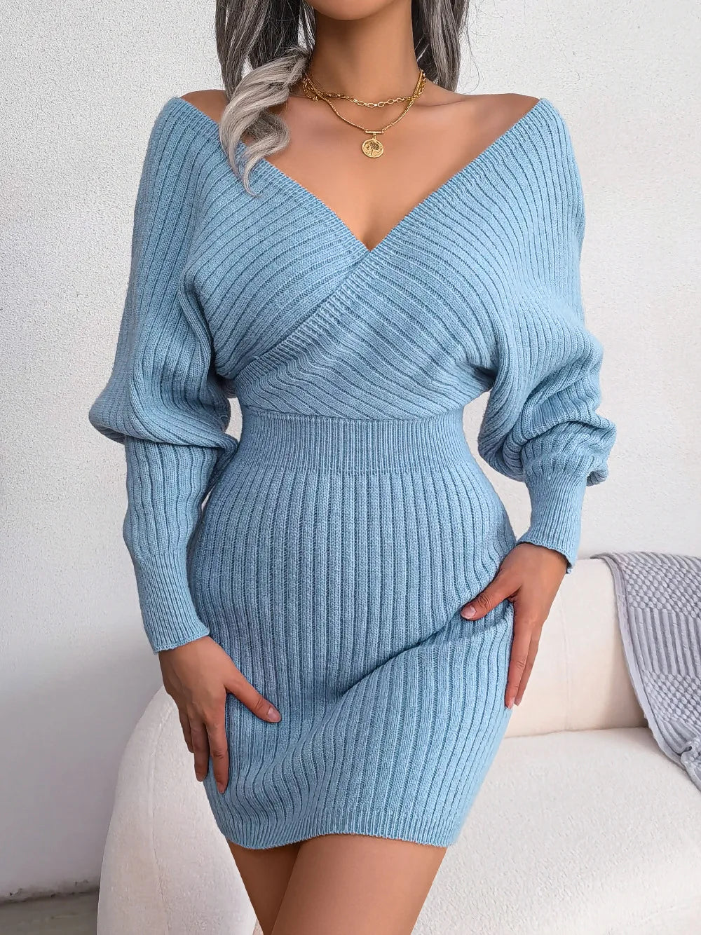 2024 Autumn/Winter Women's Sexy Cross V-neck Bat Skirt Bag Hip Dress Fashion Purple Long Sleeve Elegant Women's Woolen Dress