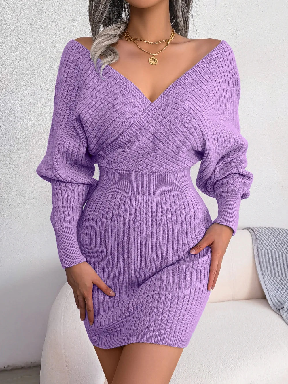 2024 Autumn/Winter Women's Sexy Cross V-neck Bat Skirt Bag Hip Dress Fashion Purple Long Sleeve Elegant Women's Woolen Dress