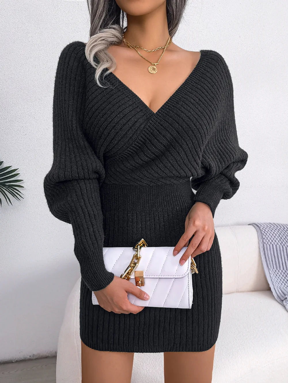 2024 Autumn/Winter Women's Sexy Cross V-neck Bat Skirt Bag Hip Dress Fashion Purple Long Sleeve Elegant Women's Woolen Dress