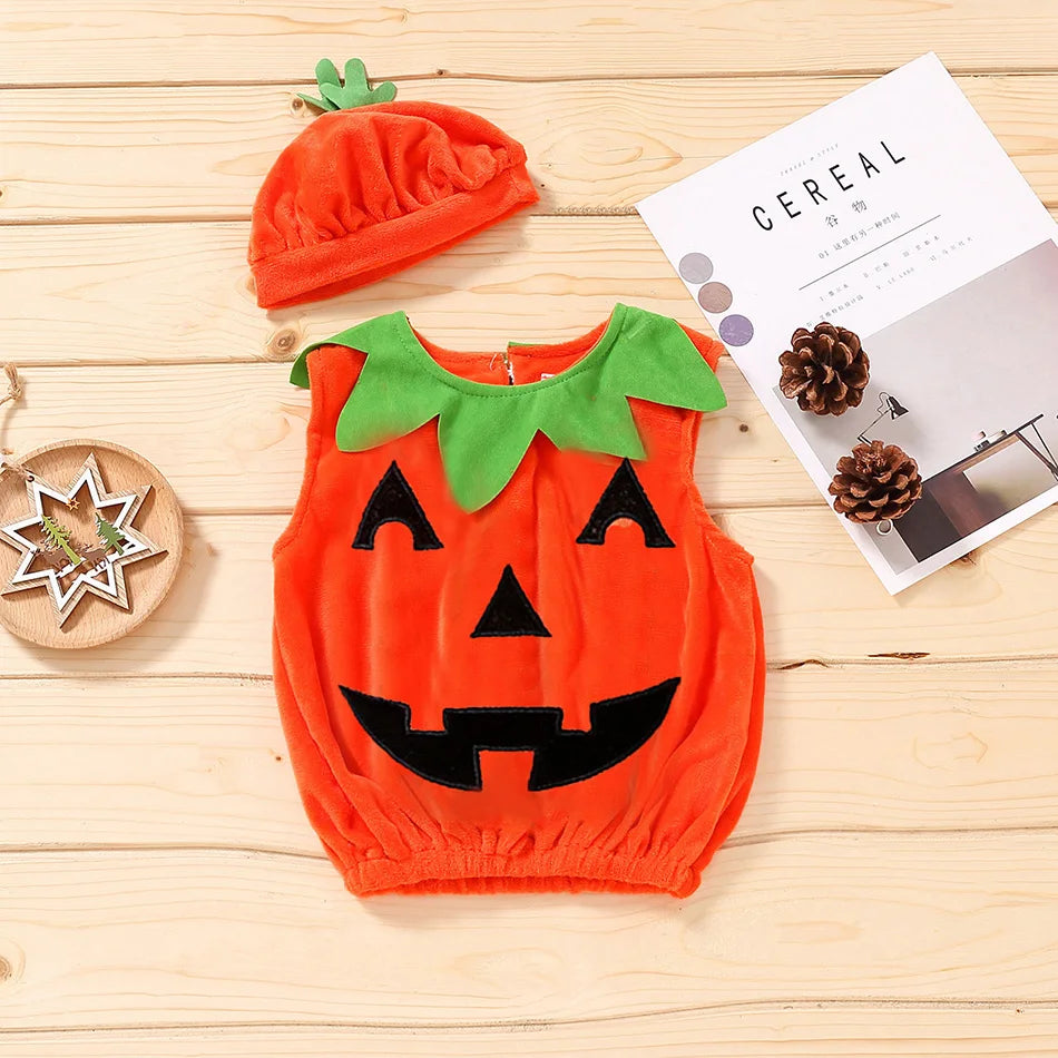 Baby Costume Kids Pumpkin Tops Romper with Hat Boys Girls Cosplay One-Piece Infant Casual Onesie Halloween Jumpsuit 0-5 Years