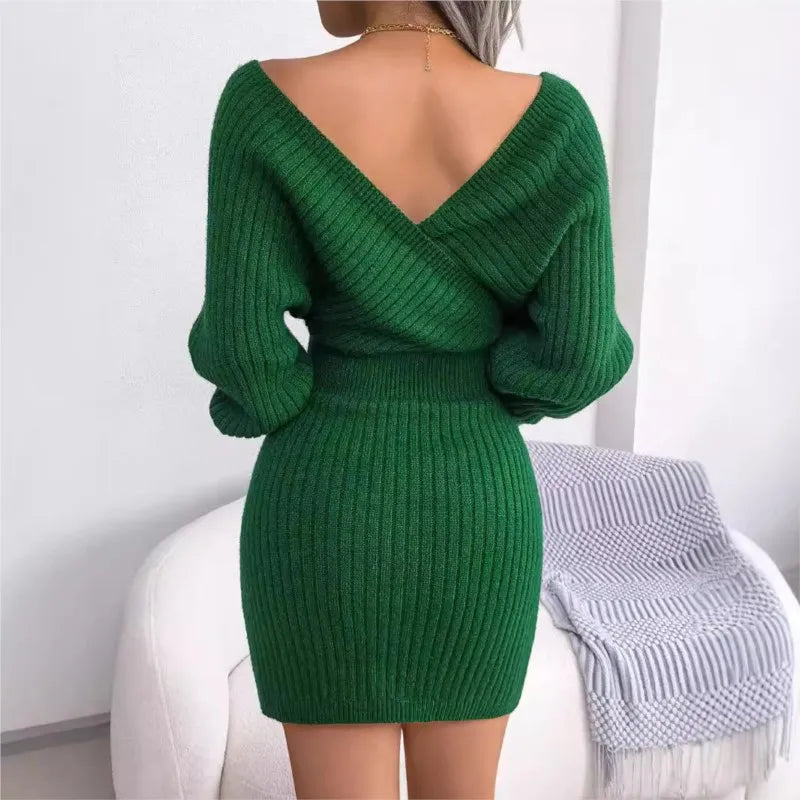 2024 Autumn/Winter Women's Sexy Cross V-neck Bat Skirt Bag Hip Dress Fashion Purple Long Sleeve Elegant Women's Woolen Dress