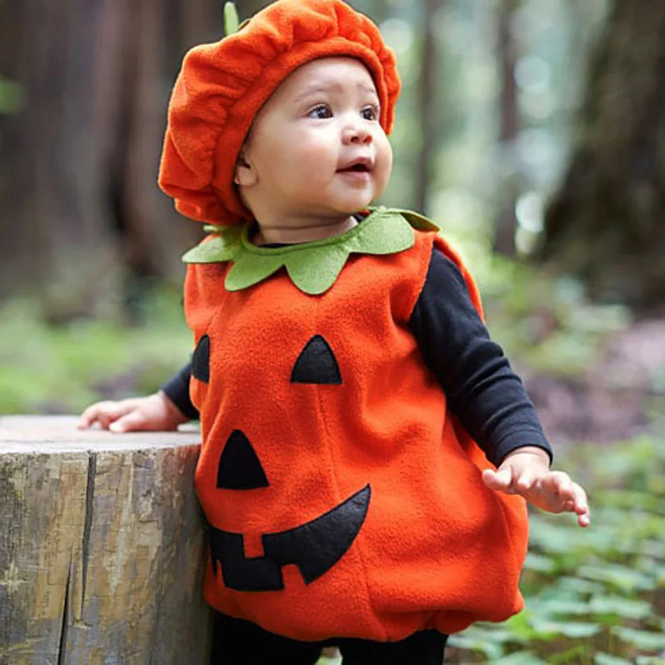 Baby Costume Kids Pumpkin Tops Romper with Hat Boys Girls Cosplay One-Piece Infant Casual Onesie Halloween Jumpsuit 0-5 Years