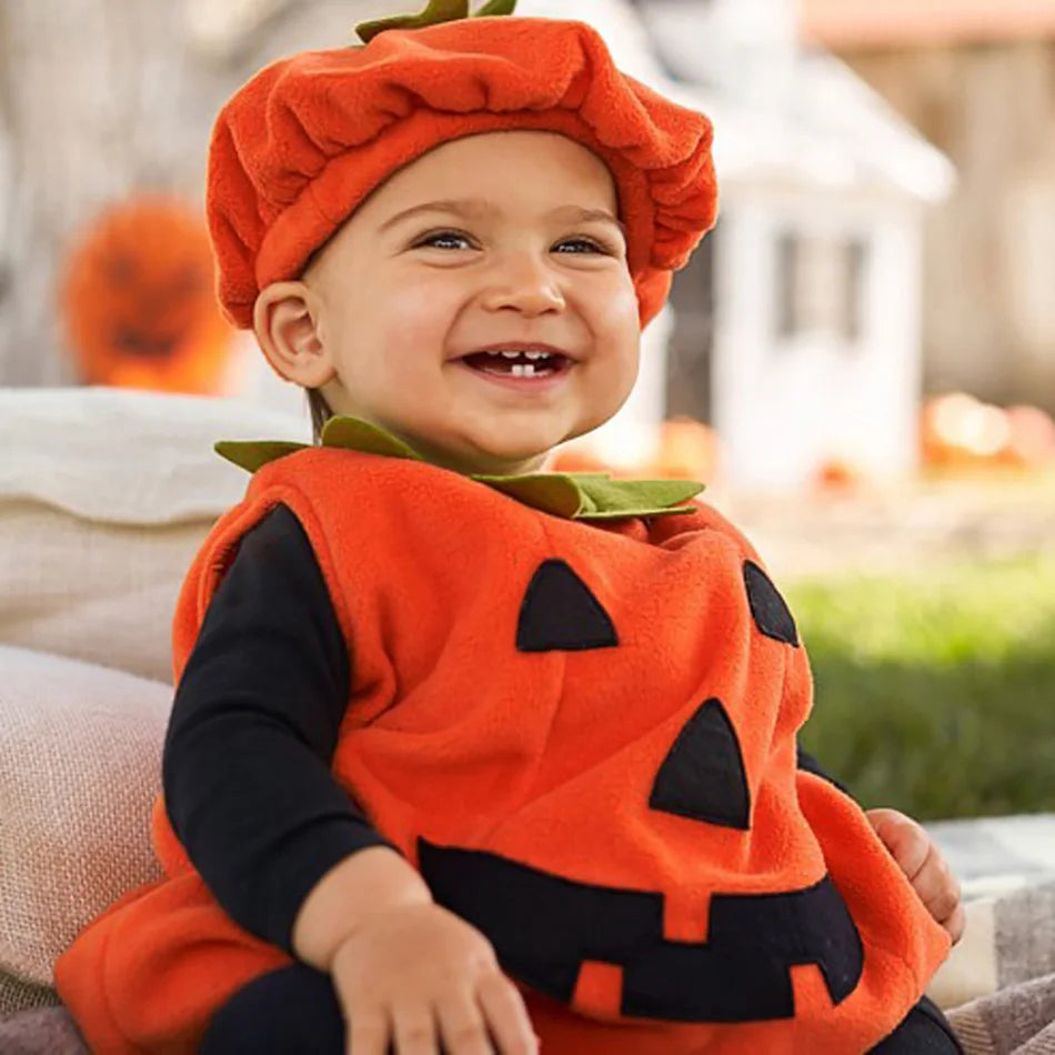Baby Costume Kids Pumpkin Tops Romper with Hat Boys Girls Cosplay One-Piece Infant Casual Onesie Halloween Jumpsuit 0-5 Years