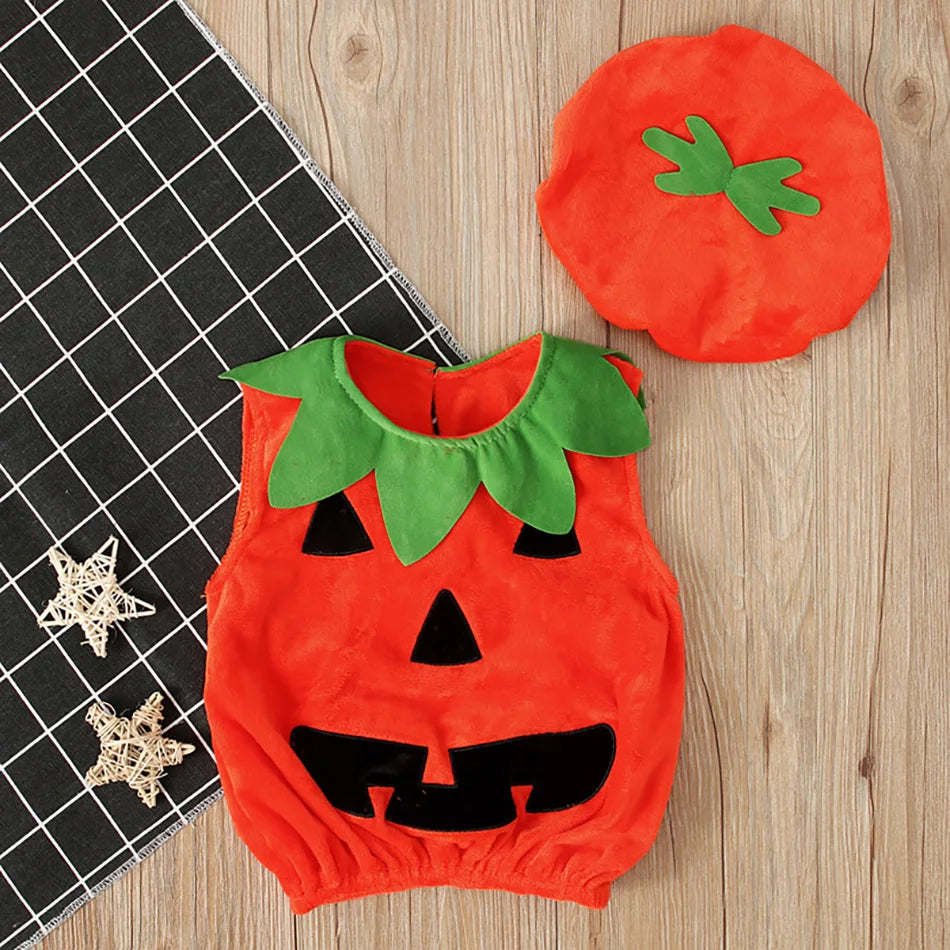 Baby Costume Kids Pumpkin Tops Romper with Hat Boys Girls Cosplay One-Piece Infant Casual Onesie Halloween Jumpsuit 0-5 Years