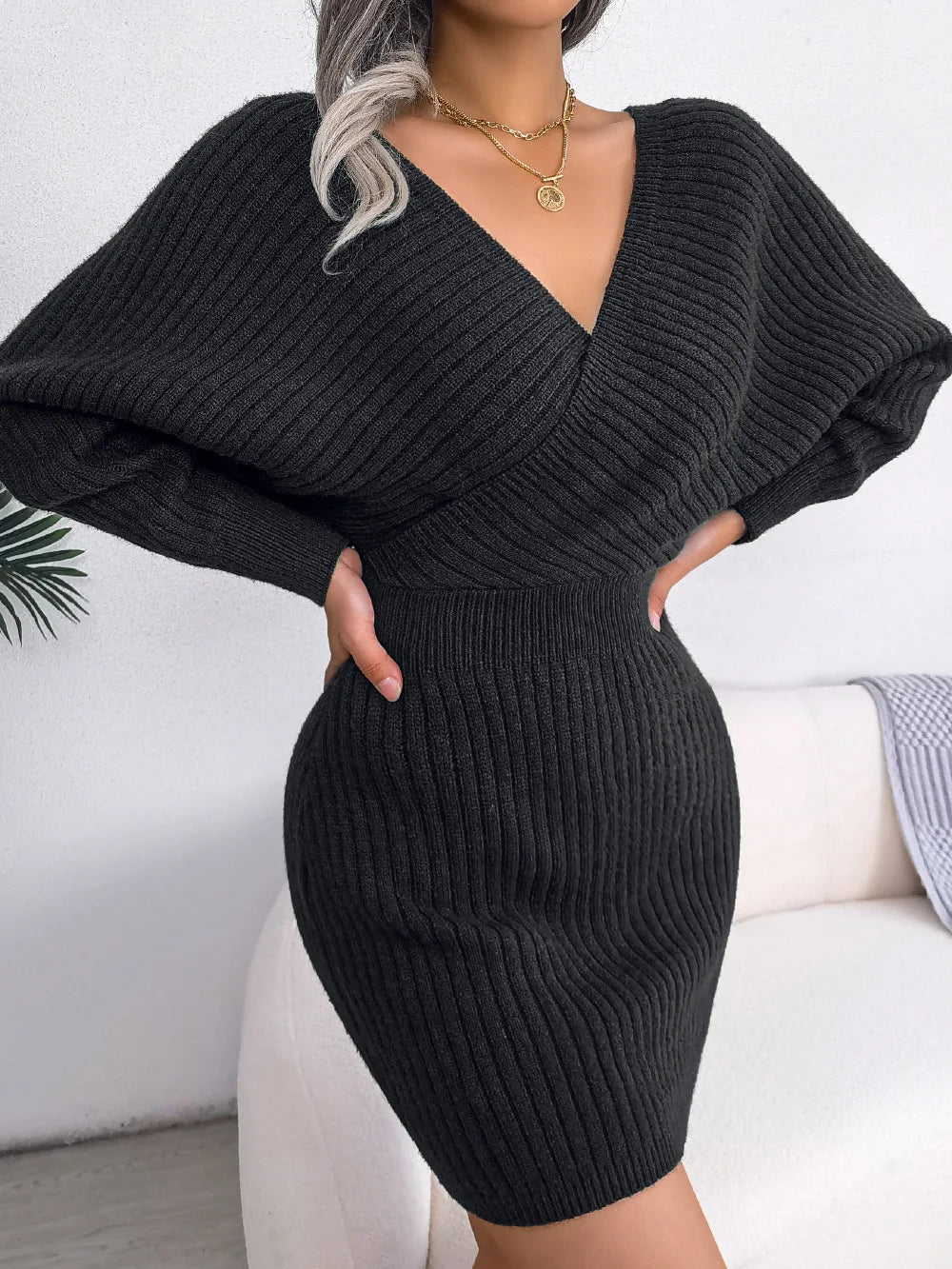 2024 Autumn/Winter Women's Sexy Cross V-neck Bat Skirt Bag Hip Dress Fashion Purple Long Sleeve Elegant Women's Woolen Dress