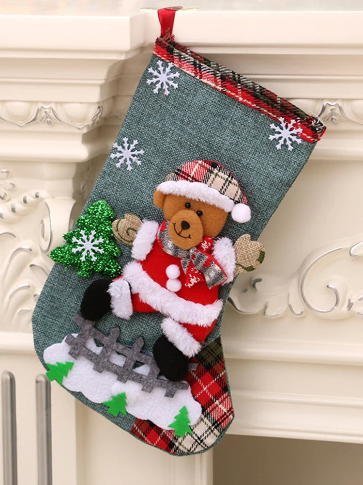 4Pcs Christmas Stockings Set Large Capacity Cute Stockings Bag Plush Santa Claus/Snowman/Bear/Elk for Xmas Tree Fireplace