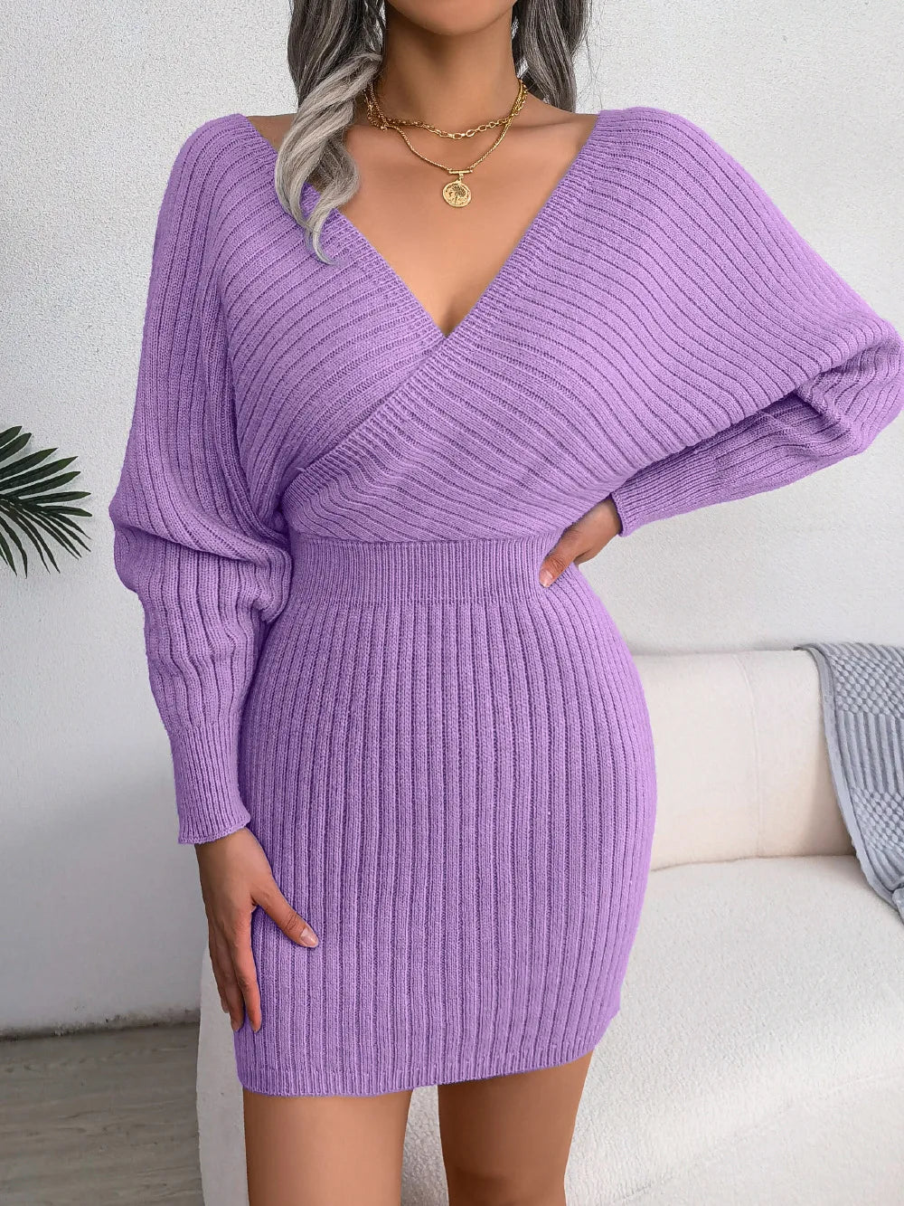 2024 Autumn/Winter Women's Sexy Cross V-neck Bat Skirt Bag Hip Dress Fashion Purple Long Sleeve Elegant Women's Woolen Dress