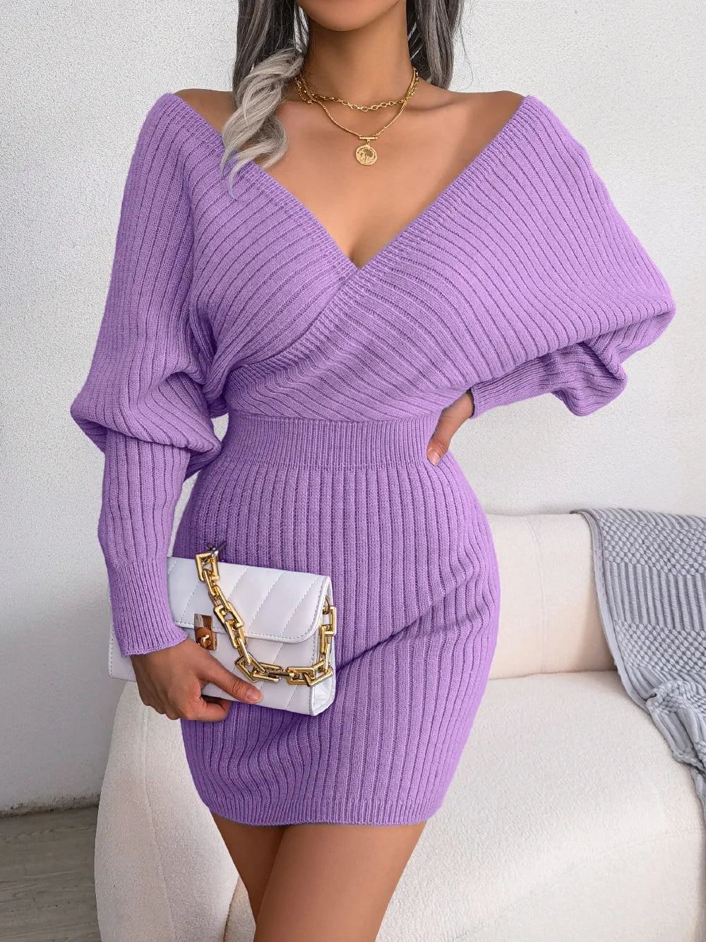 2024 Autumn/Winter Women's Sexy Cross V-neck Bat Skirt Bag Hip Dress Fashion Purple Long Sleeve Elegant Women's Woolen Dress