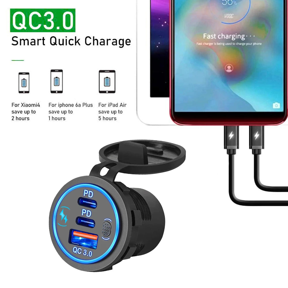 3 Ports Quick Charge 112W Car Charger for 12V 24V Vehicles
