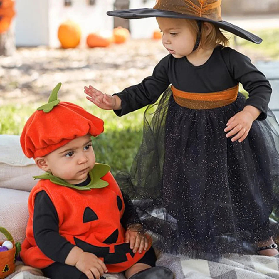 Baby Costume Kids Pumpkin Tops Romper with Hat Boys Girls Cosplay One-Piece Infant Casual Onesie Halloween Jumpsuit 0-5 Years