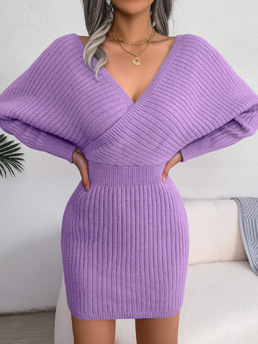 2024 Autumn/Winter Women's Sexy Cross V-neck Bat Skirt Bag Hip Dress Fashion Purple Long Sleeve Elegant Women's Woolen Dress