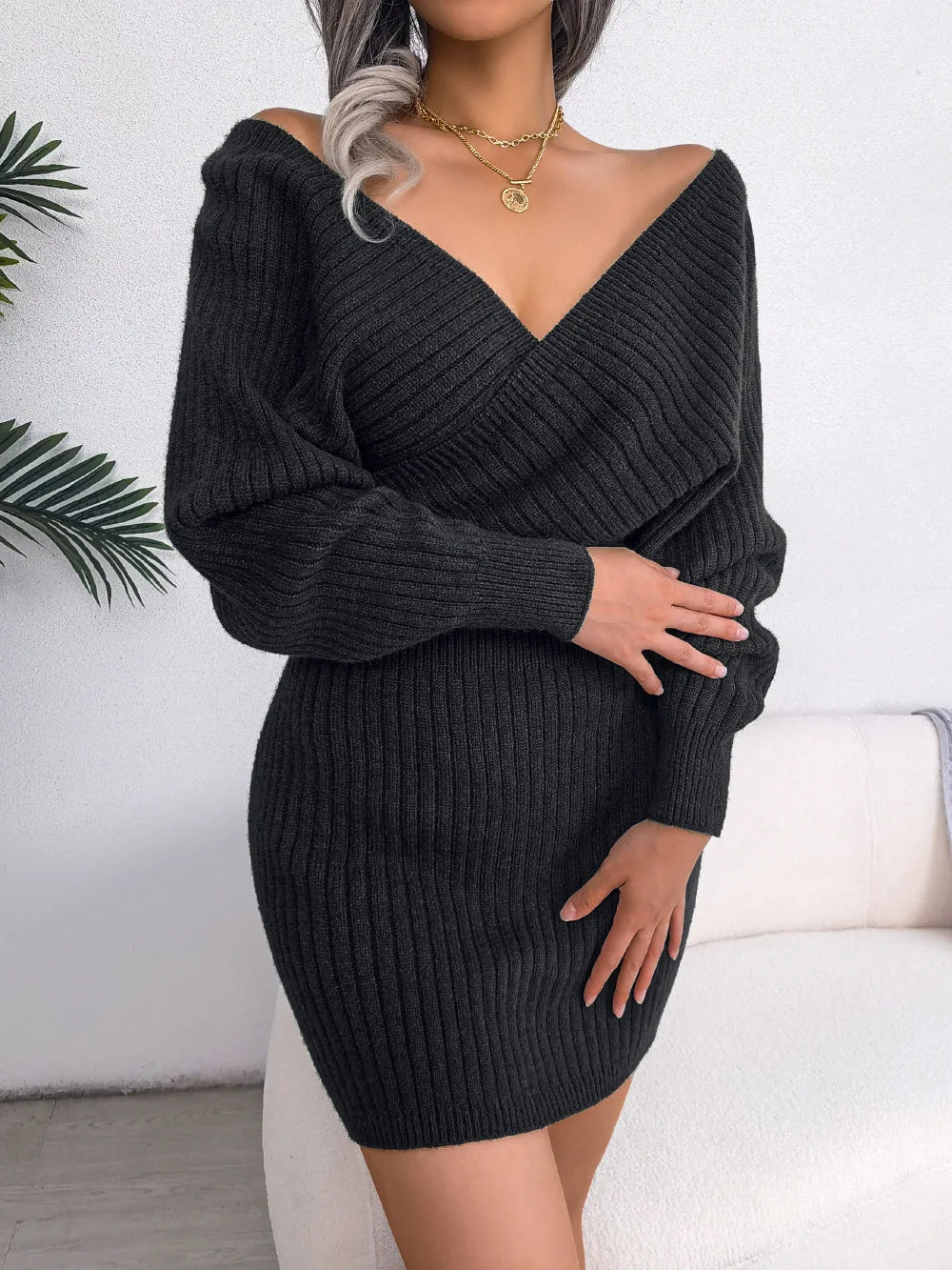 2024 Autumn/Winter Women's Sexy Cross V-neck Bat Skirt Bag Hip Dress Fashion Purple Long Sleeve Elegant Women's Woolen Dress