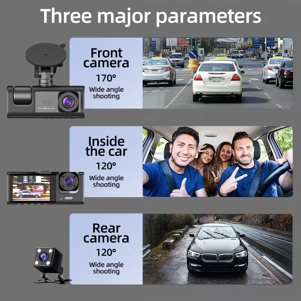 1080P Car Dash Cam With 32G Loop Recording Car DVR IPS Screen 3 Channel Cameras IR Night Vision Wide Angle Dashboard Recorder