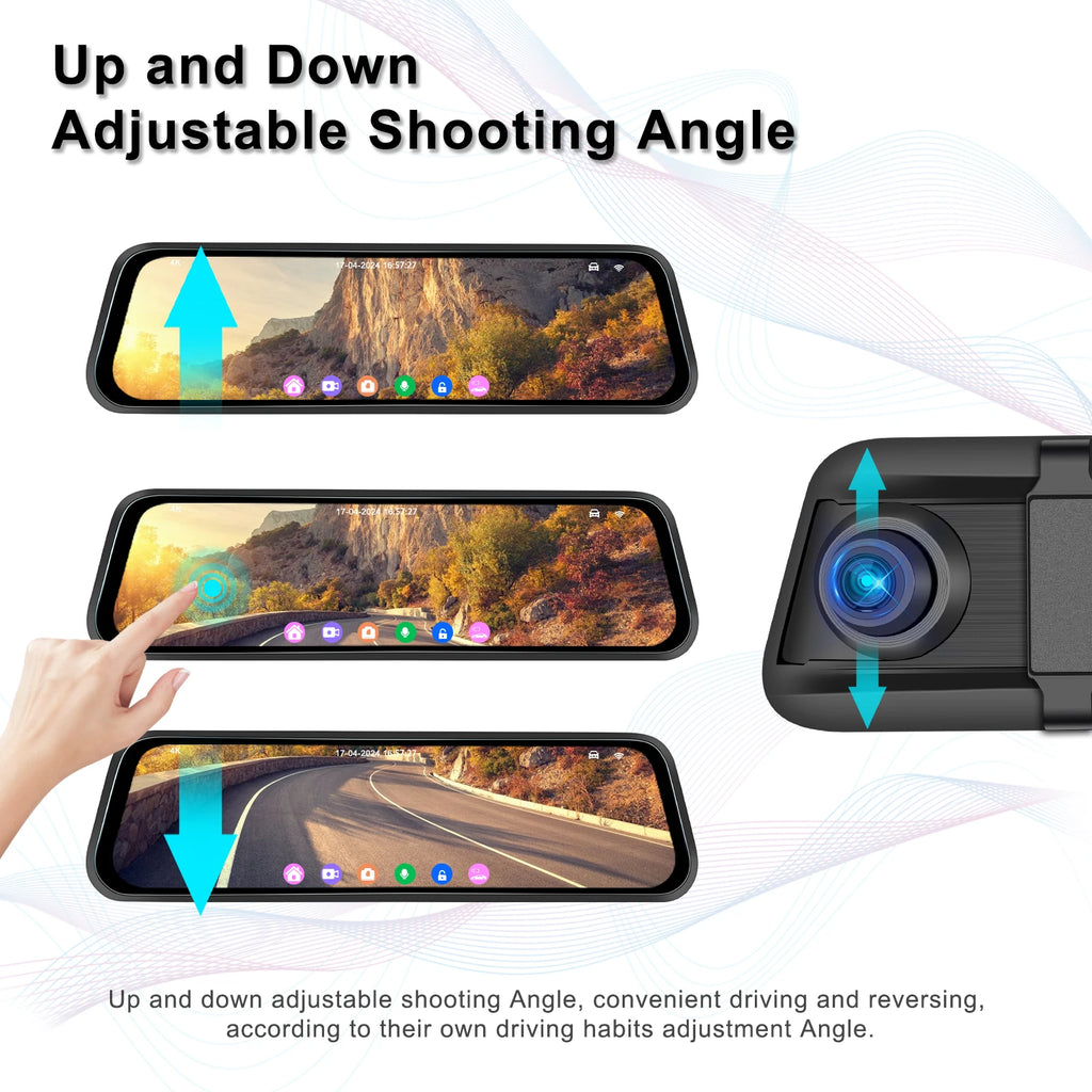 Podofo 9.66" Dash Cam 4K WIFI Stream RearView Mirror Dashcam Camera Drive Recorder Dual Lens Video Recorder Touch Screen