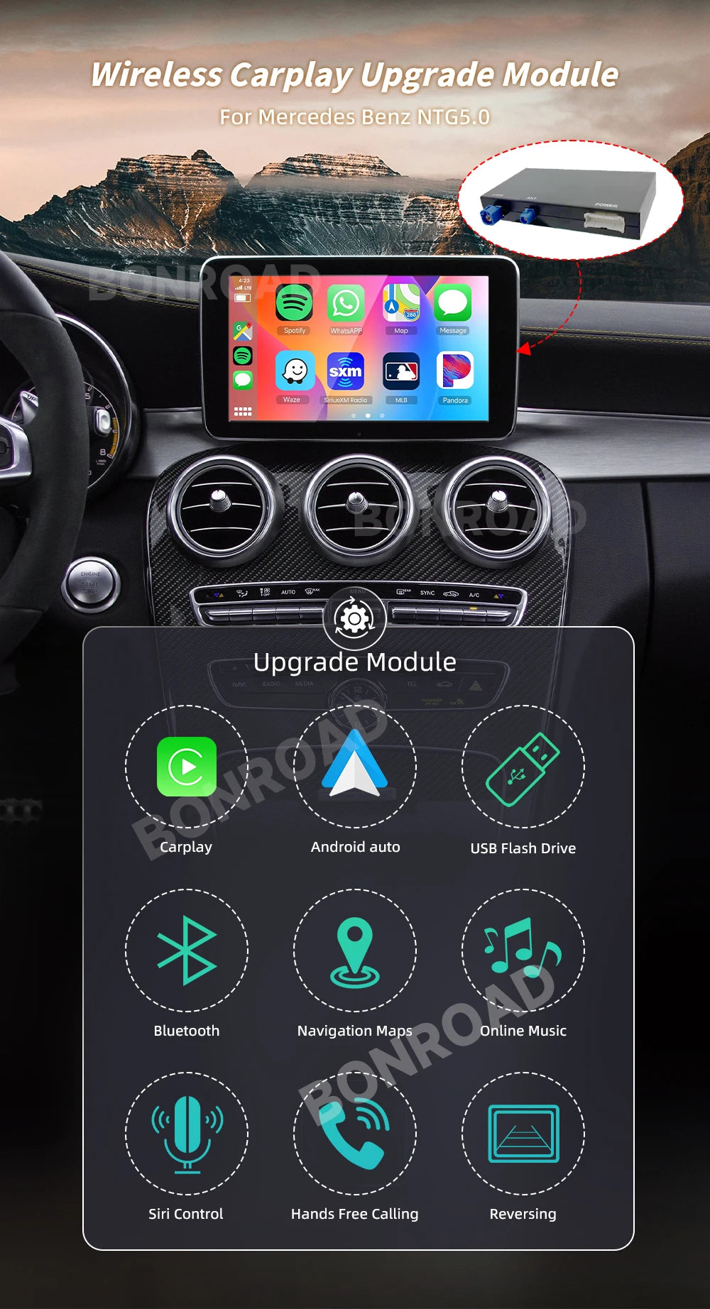 Bonroad For NTG 5.0 Wireless CarPlay Adapter Android Auto Module For Benz For C GLC W205 A CLA GLA B E GLE CLS With Bluetooth
