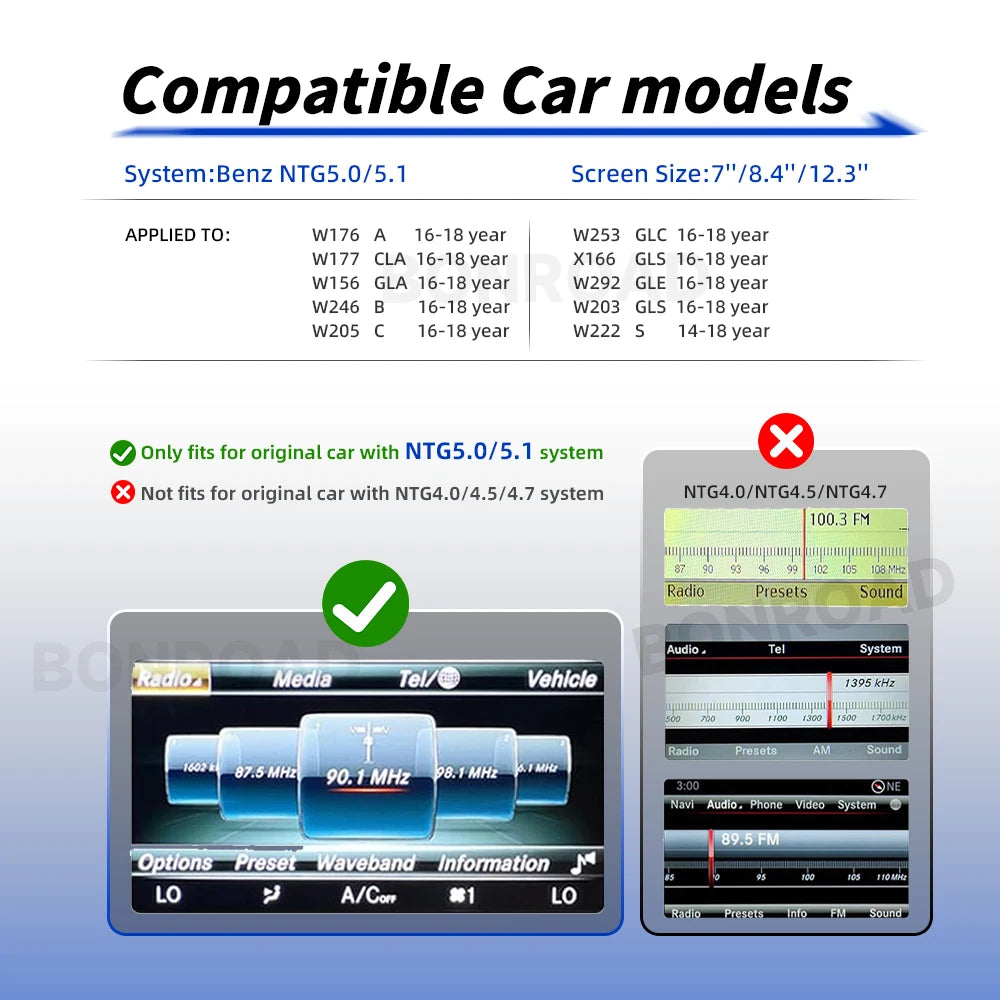 Bonroad For NTG 5.0 Wireless CarPlay Adapter Android Auto Module For Benz For C GLC W205 A CLA GLA B E GLE CLS With Bluetooth