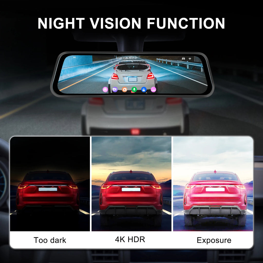 Podofo 9.66" Dash Cam 4K WIFI Stream RearView Mirror Dashcam Camera Drive Recorder Dual Lens Video Recorder Touch Screen