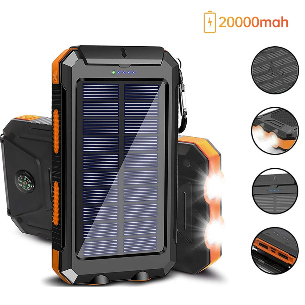 20000mAh Portable Solar Power Bank Camping External Battery Charger for Mobile Phones 2 USB/ LED Flashlights Charger