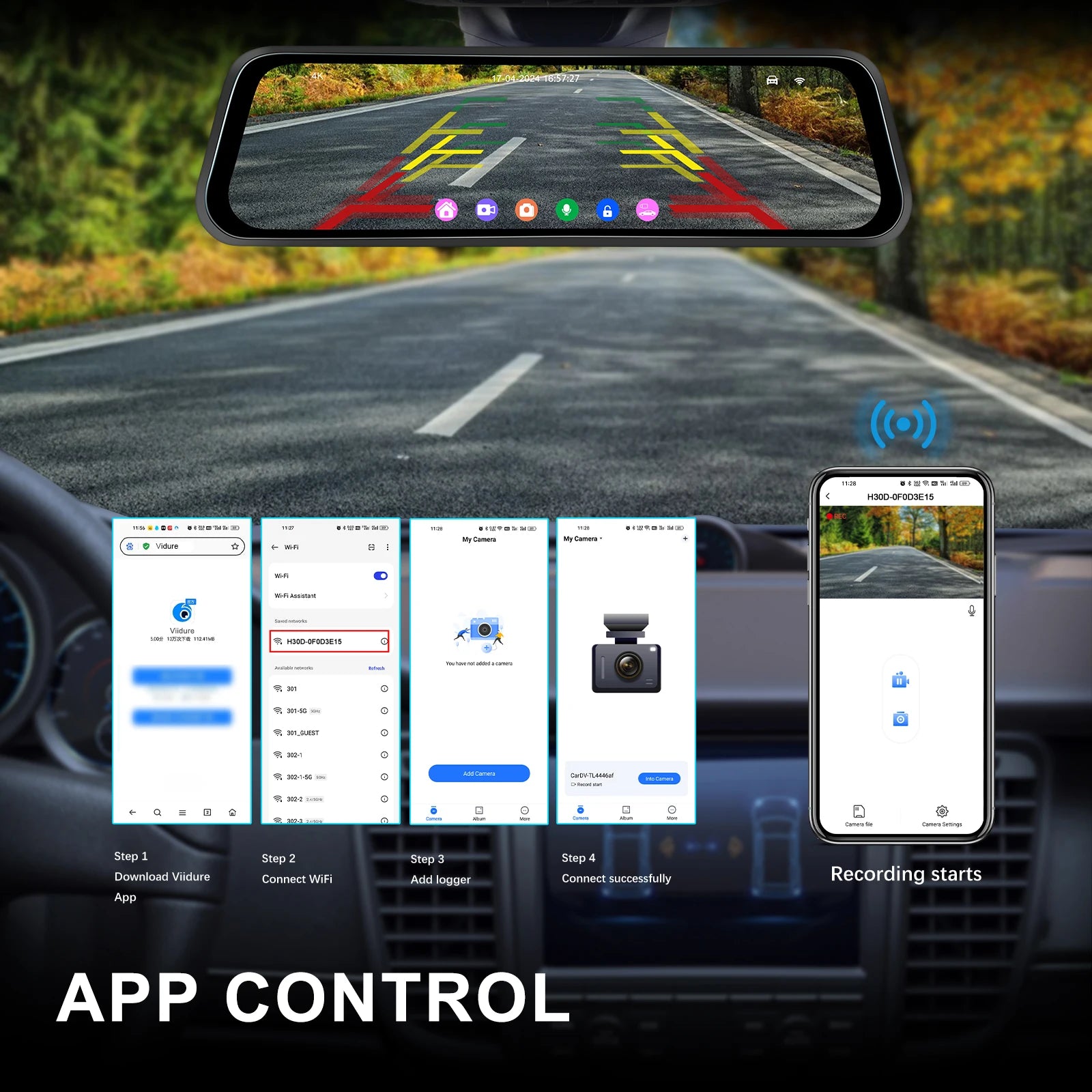 Podofo 9.66" Dash Cam 4K WIFI Stream RearView Mirror Dashcam Camera Drive Recorder Dual Lens Video Recorder Touch Screen