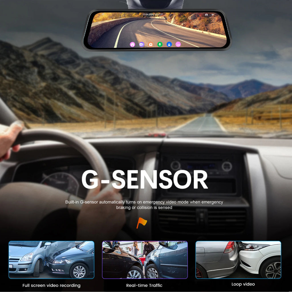 Podofo 9.66" Dash Cam 4K WIFI Stream RearView Mirror Dashcam Camera Drive Recorder Dual Lens Video Recorder Touch Screen