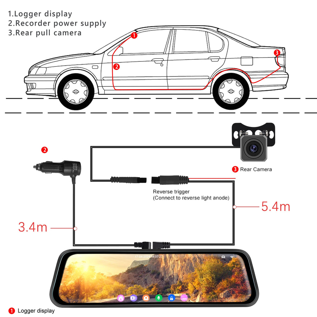 Podofo 9.66" Dash Cam 4K WIFI Stream RearView Mirror Dashcam Camera Drive Recorder Dual Lens Video Recorder Touch Screen