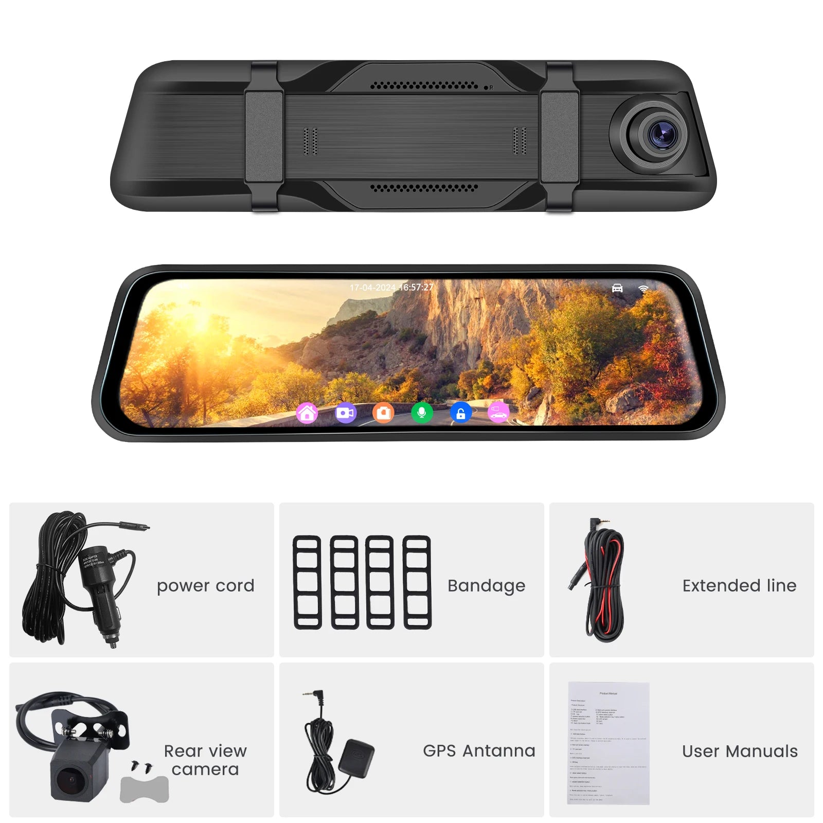 Podofo 9.66" Dash Cam 4K WIFI Stream RearView Mirror Dashcam Camera Drive Recorder Dual Lens Video Recorder Touch Screen