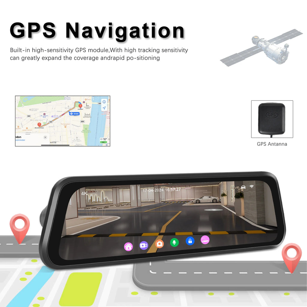 Podofo 9.66" Dash Cam 4K WIFI Stream RearView Mirror Dashcam Camera Drive Recorder Dual Lens Video Recorder Touch Screen