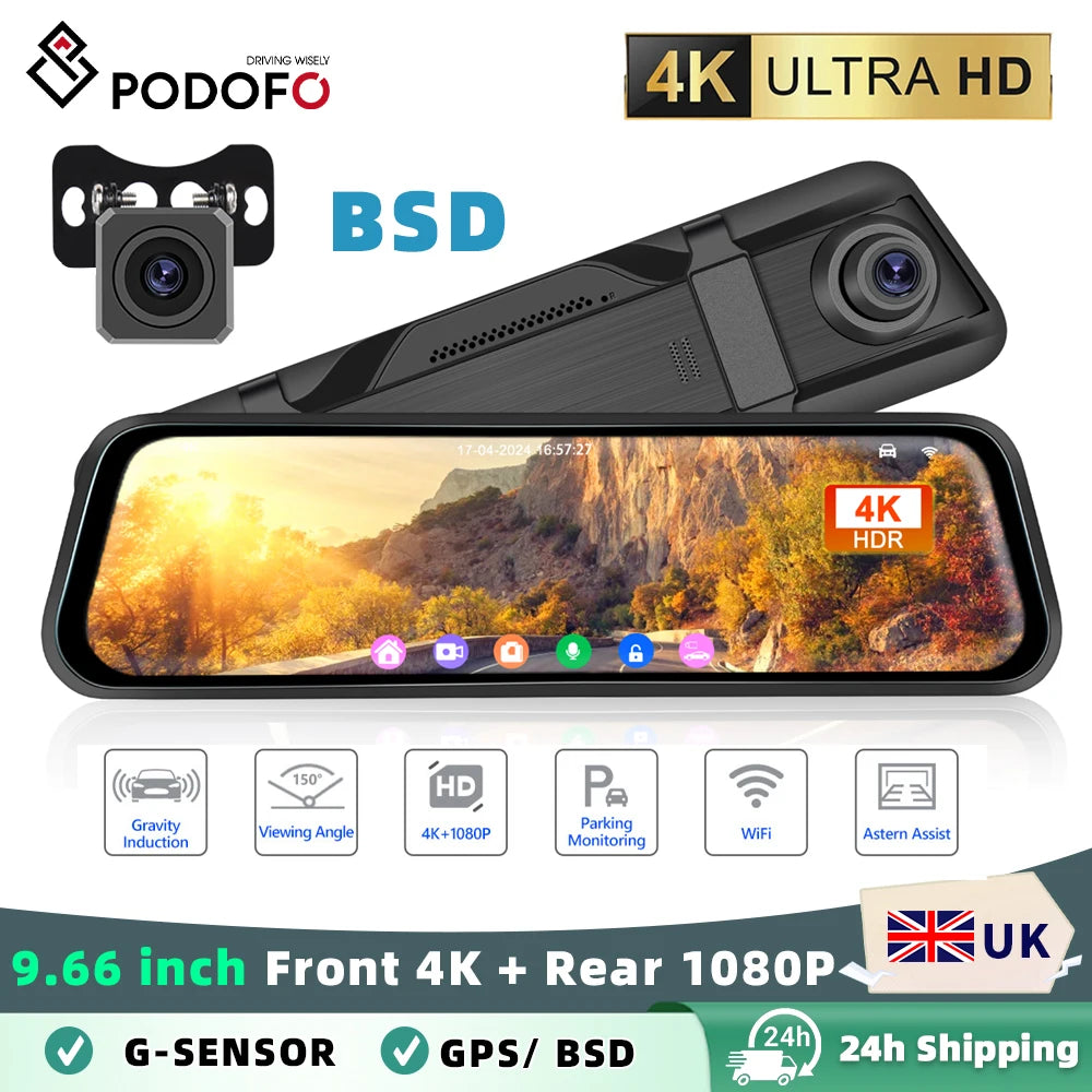 Podofo 9.66" Dash Cam 4K WIFI Stream RearView Mirror Dashcam Camera Drive Recorder Dual Lens Video Recorder Touch Screen