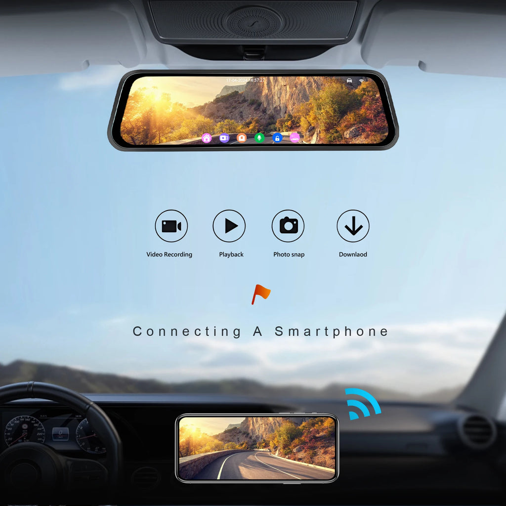 Podofo 9.66" Dash Cam 4K WIFI Stream RearView Mirror Dashcam Camera Drive Recorder Dual Lens Video Recorder Touch Screen