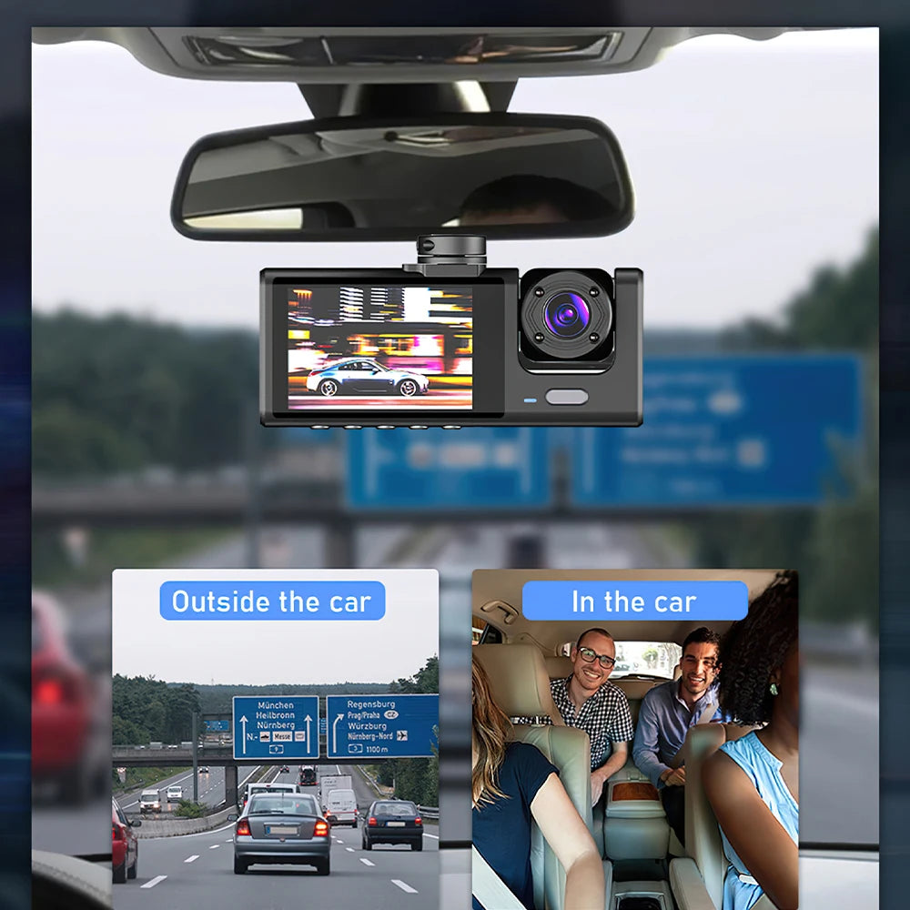 1080P Car Dash Cam With 32G Loop Recording Car DVR IPS Screen 3 Channel Cameras IR Night Vision Wide Angle Dashboard Recorder