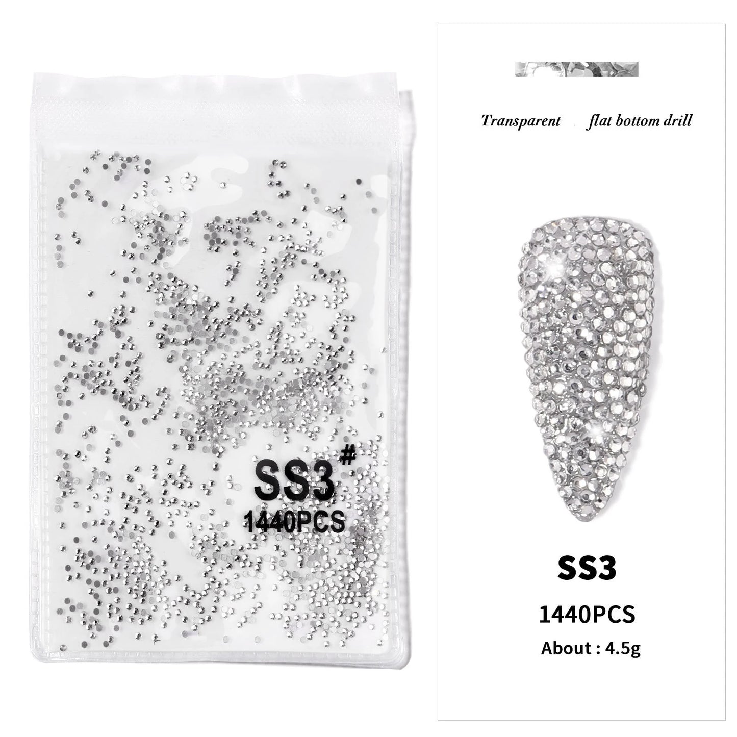 1440Pcs/bag AB/Clear Round Mini Nail Diamond SS3-SS16(1.3-4mm) FlatBack Non-Hotfix Nail Crystal Crystal Clear AB Manicure Glass