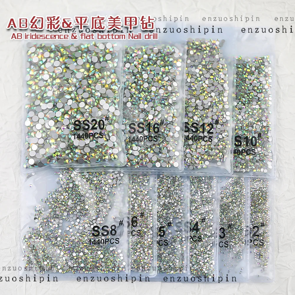 1440Pcs/bag AB/Clear Round Mini Nail Diamond SS3-SS16(1.3-4mm) FlatBack Non-Hotfix Nail Crystal Crystal Clear AB Manicure Glass