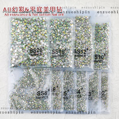 1440Pcs/bag AB/Clear Round Mini Nail Diamond SS3-SS16(1.3-4mm) FlatBack Non-Hotfix Nail Crystal Crystal Clear AB Manicure Glass